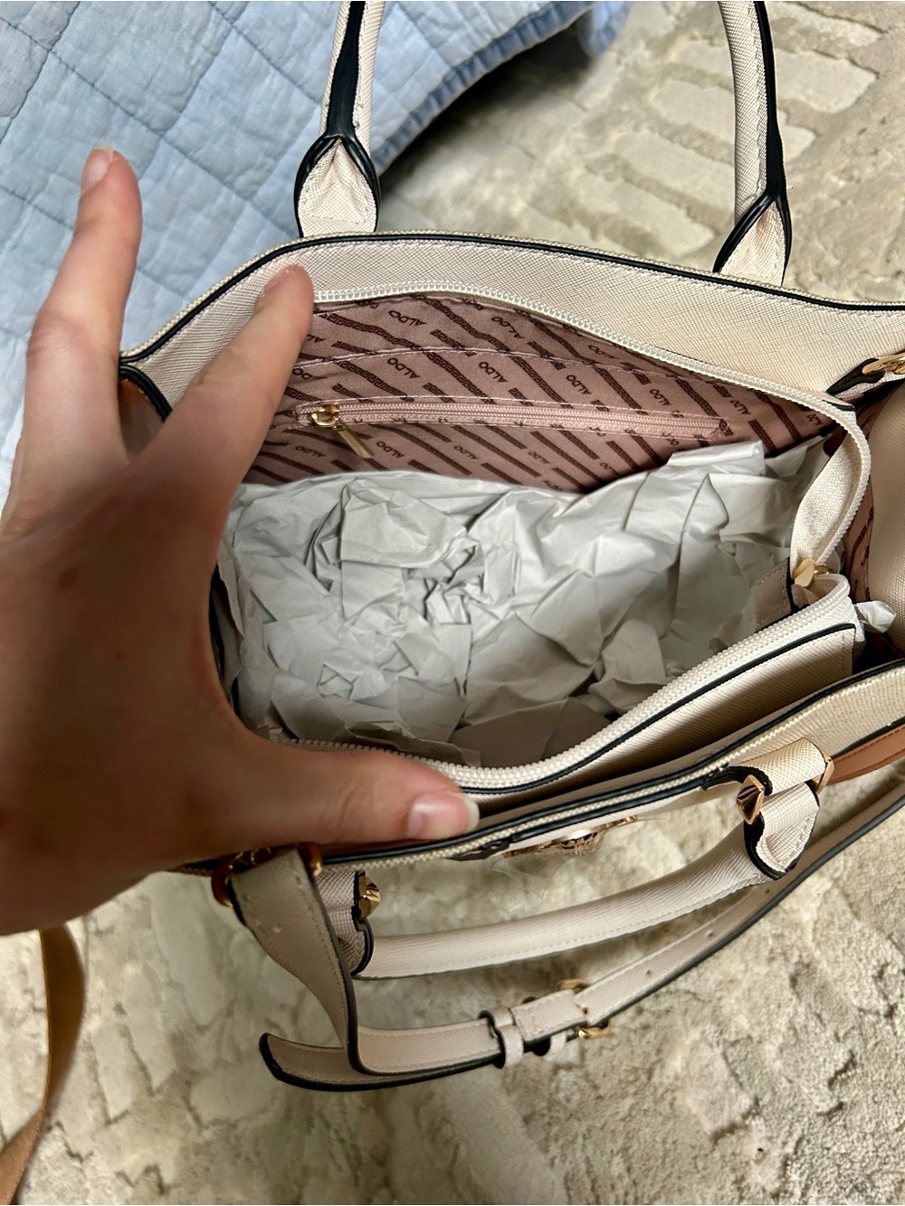 Aldo Beige Canvas & White Trim Satchel with Brown and Pink Accents - Picture 2 of 5